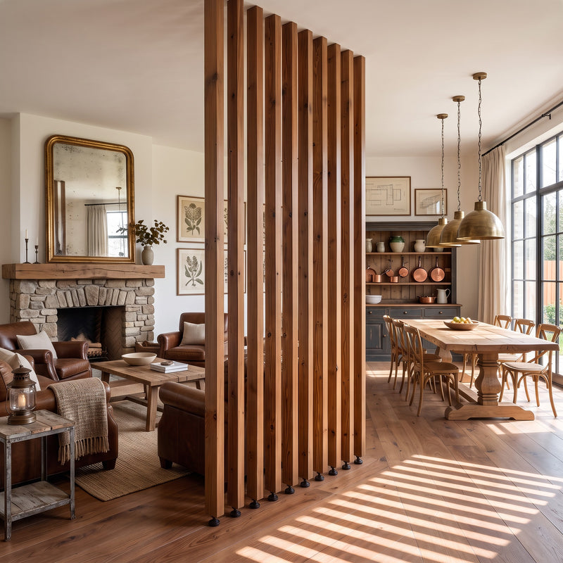 230cm High Walnut Colour Slatted Room Divider / Solid Wood Floor to Ceiling / Timber Partition
