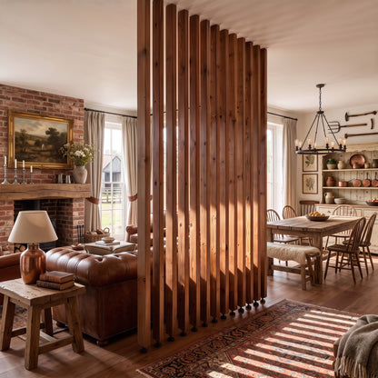 220cm High Walnut Colour Slatted Room Divider / Solid Wood Floor to Ceiling / Timber Partition