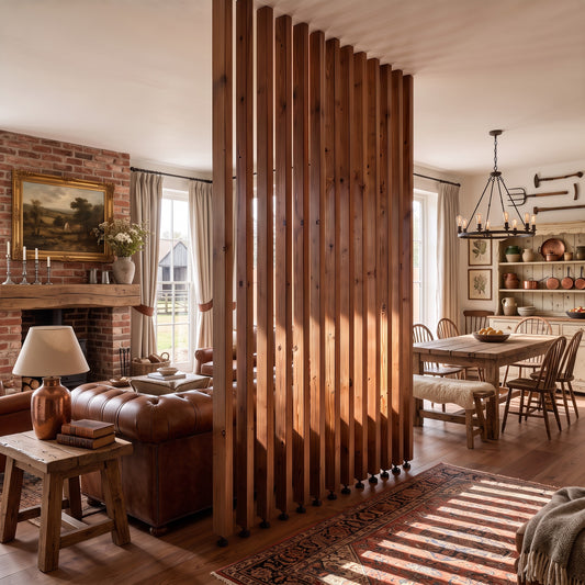 220cm High Walnut Colour Slatted Room Divider / Solid Wood Floor to Ceiling / Timber Partition