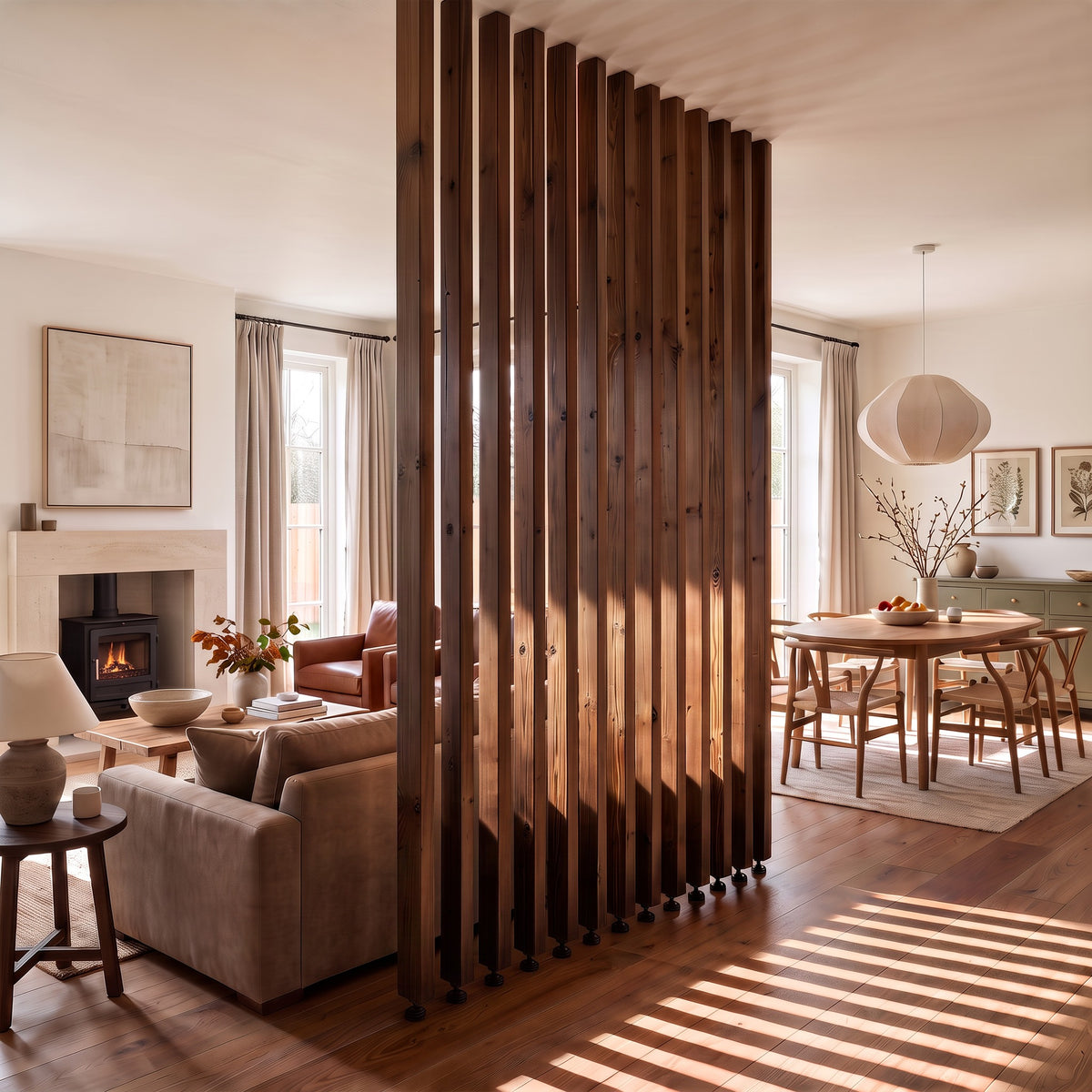 220cm High Walnut Colour Slatted Room Divider / Solid Wood Floor to Ceiling / Timber Partition