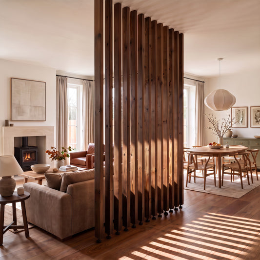240cm High Walnut Colour Slatted Room Divider / Solid Wood Floor to Ceiling / Timber Partition