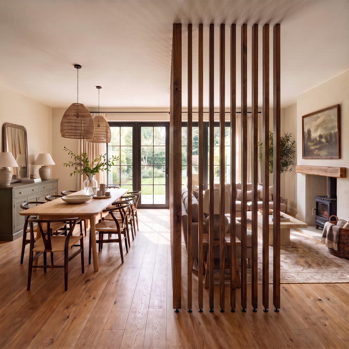 220cm High Walnut Colour Slatted Room Divider / Solid Wood Floor to Ceiling / Timber Partition