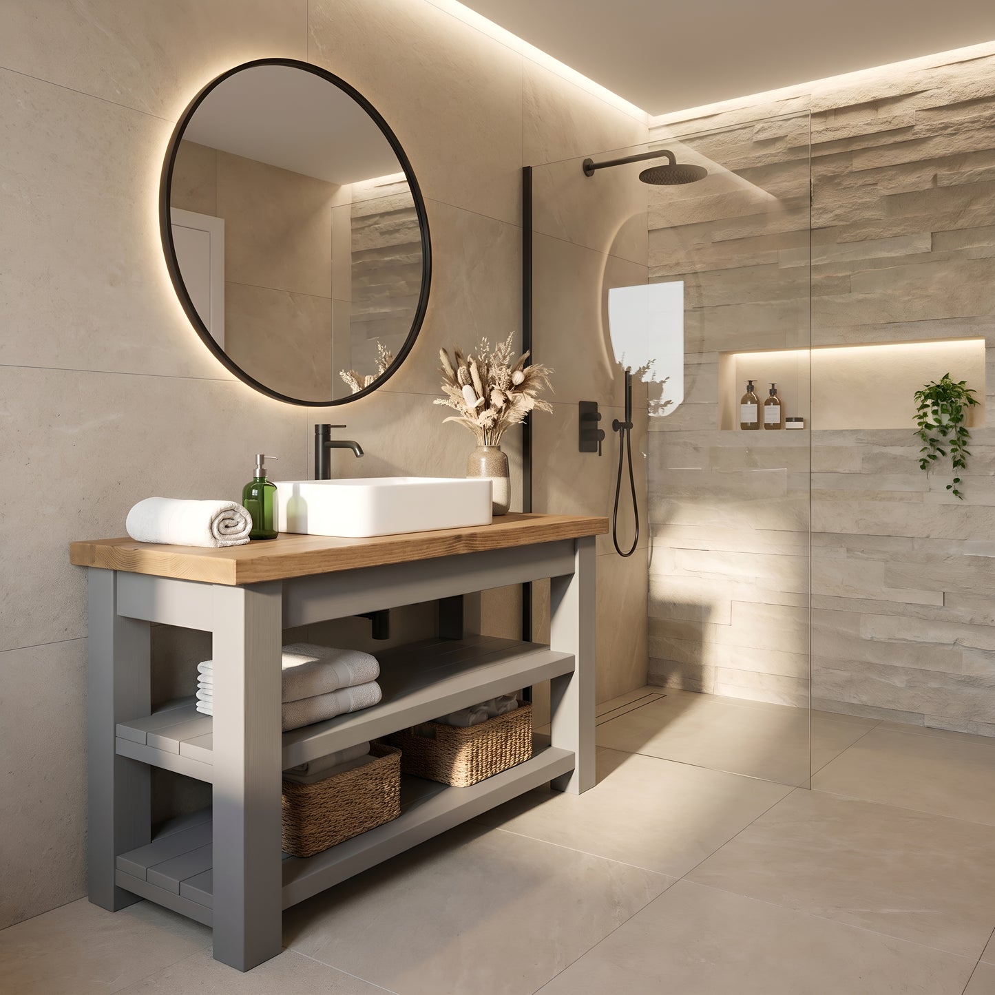 WATERMILL Solid Wood Bathroom Vanity With Shelf Grey Painted