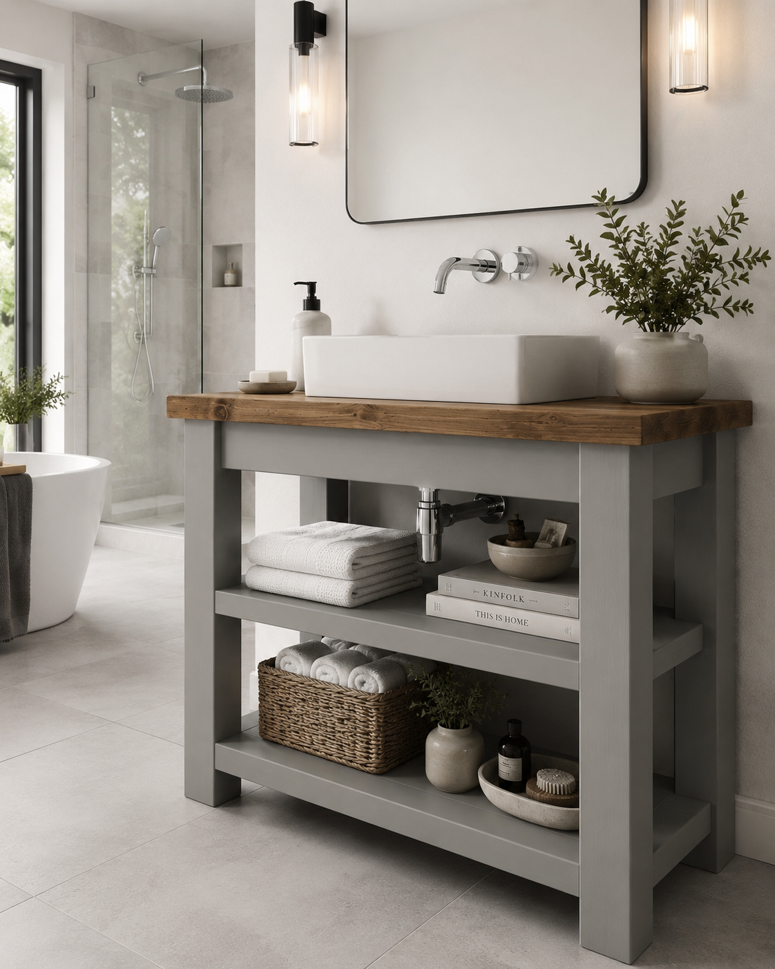 WATERMILL Solid Wood Bathroom Vanity With Shelf Grey Painted