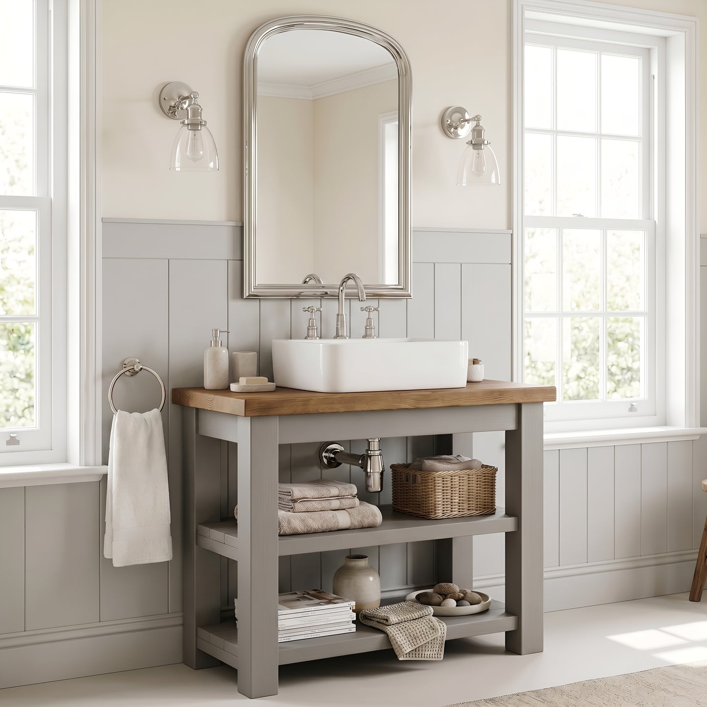WATERMILL Solid Wood Bathroom Vanity With Shelf Grey Painted