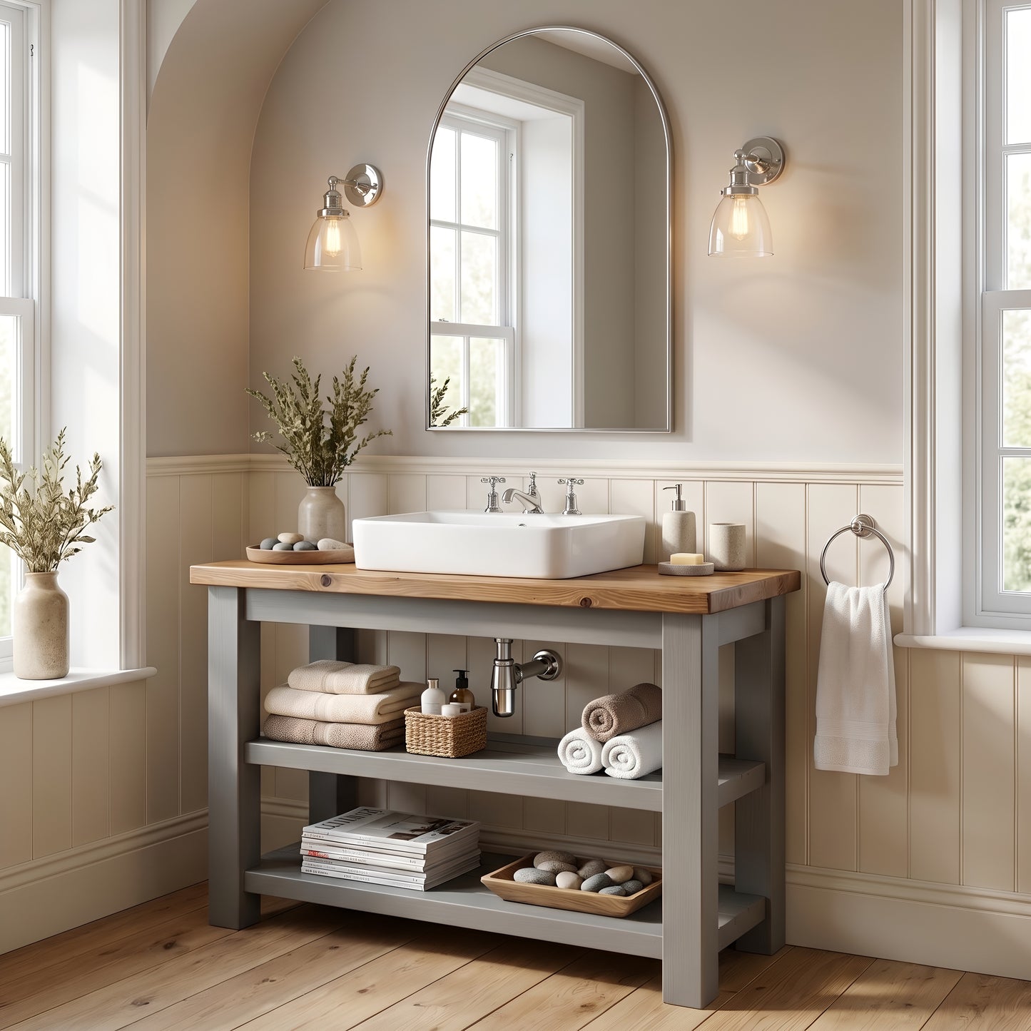 WATERMILL Solid Wood Bathroom Vanity With Shelf Grey Painted