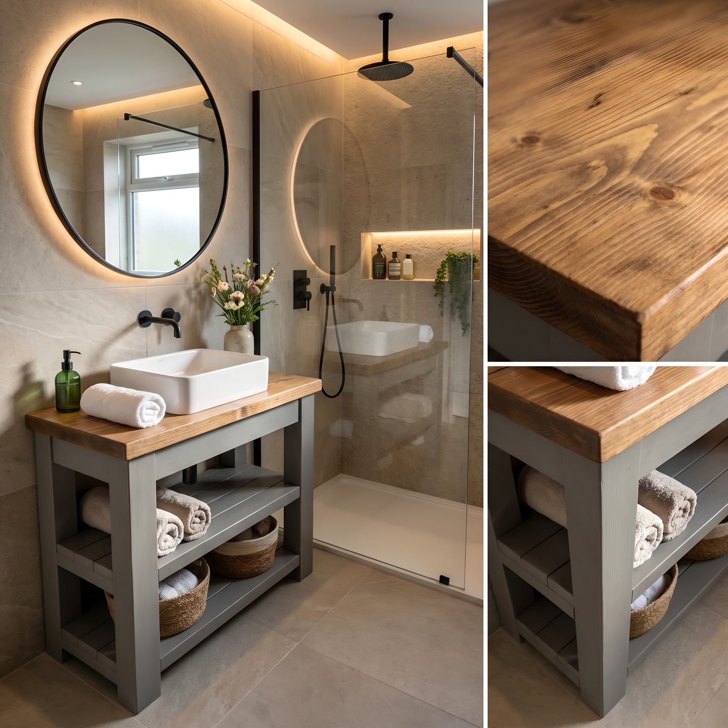 WATERMILL Solid Wood Bathroom Vanity With Shelf Grey Painted