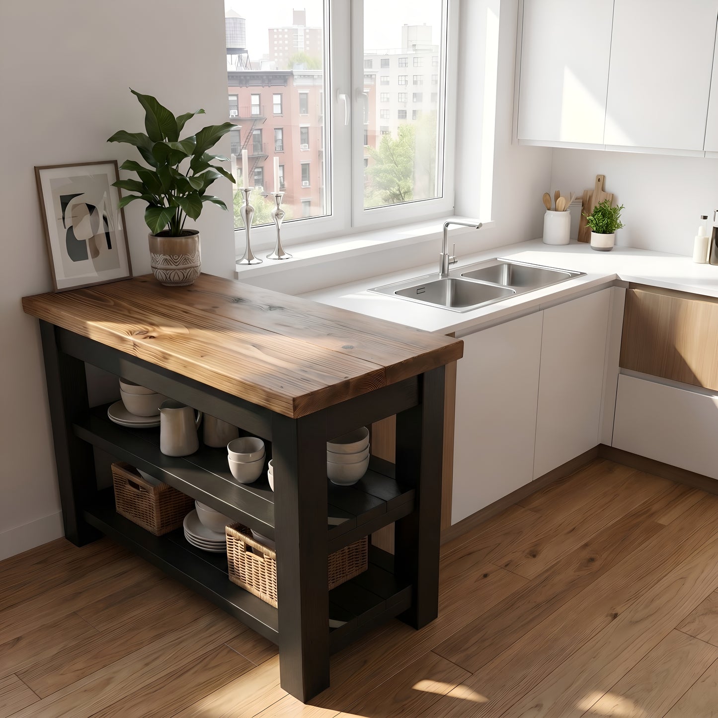 ROWAN Black Kitchen Island / Breakfast Bar / Rustic Black Painted Island
