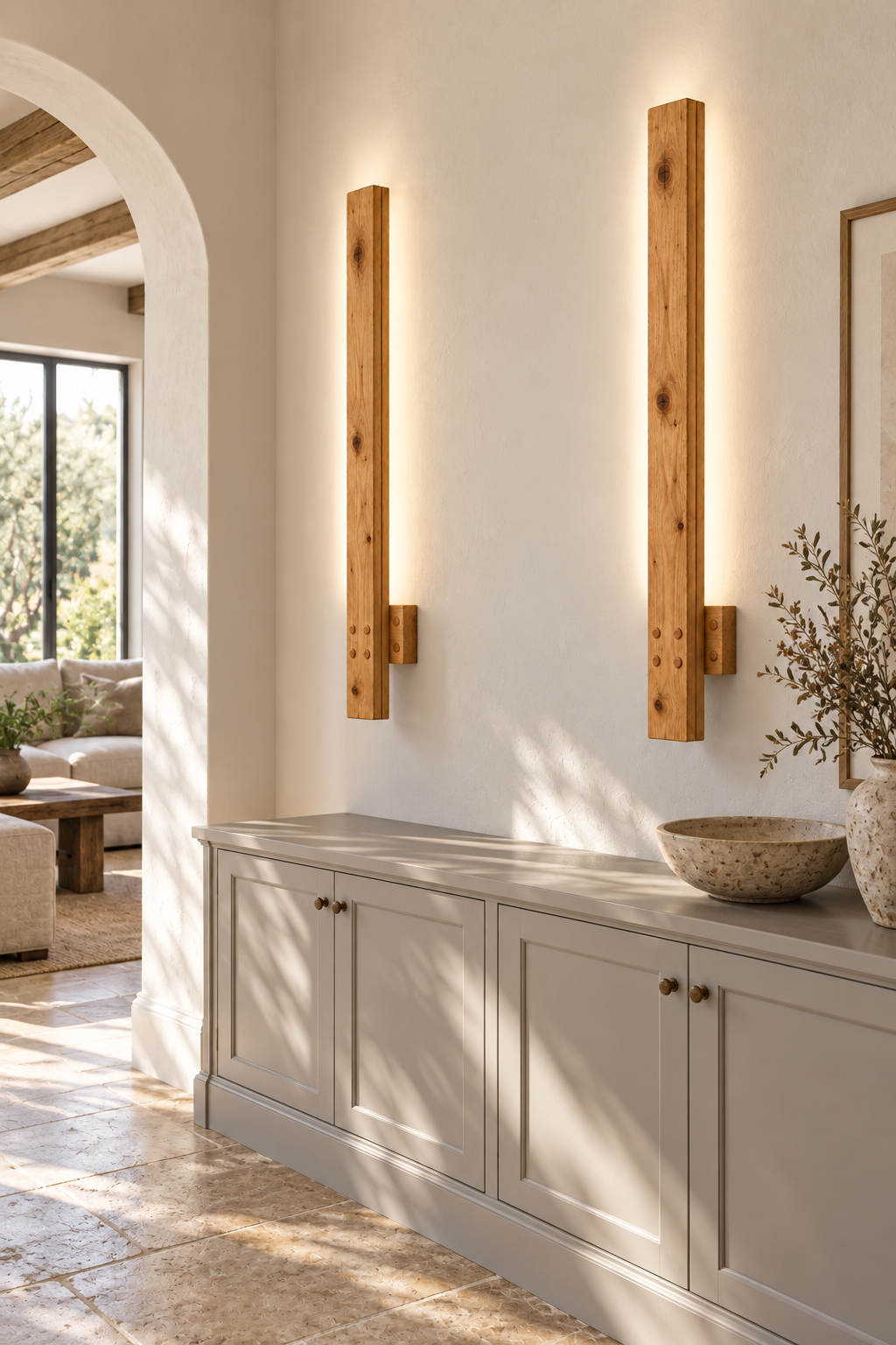 Windsor Wall Light 70 cm High Rustic Solid Wood Wall Light with Removable Rechargeable LED