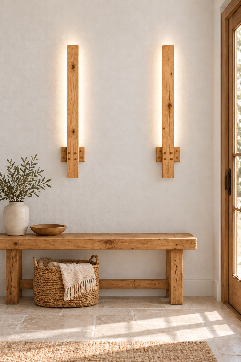Windsor Wall Light 70 cm High Rustic Solid Wood Wall Light with Removable Rechargeable LED