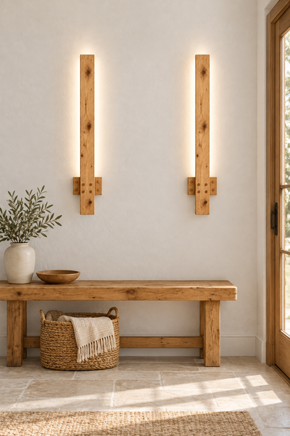 Windsor Wall Light 70 cm High Rustic Solid Wood Wall Light with Removable Rechargeable LED