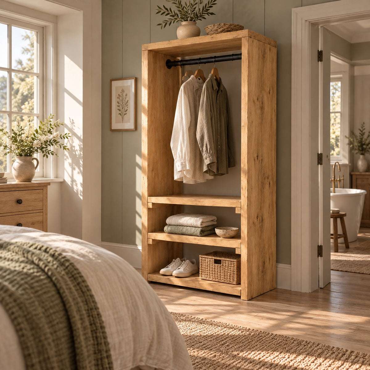 WINSLOW Light Oak Colour Solid Wood Wardrobe – Open Wardrobe, Rustic Scandinavian Design