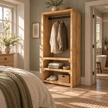 WINSLOW Light Oak Colour Solid Wood Wardrobe – Open Wardrobe, Rustic Scandinavian Design