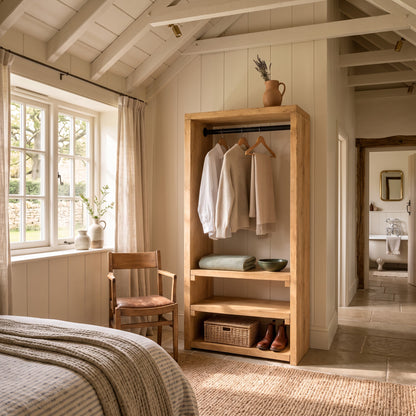 WINSLOW Light Oak Colour Solid Wood Wardrobe – Open Wardrobe, Rustic Scandinavian Design