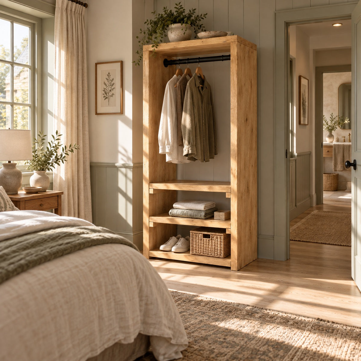 WINSLOW Light Oak Colour Solid Wood Wardrobe – Open Wardrobe, Rustic Scandinavian Design
