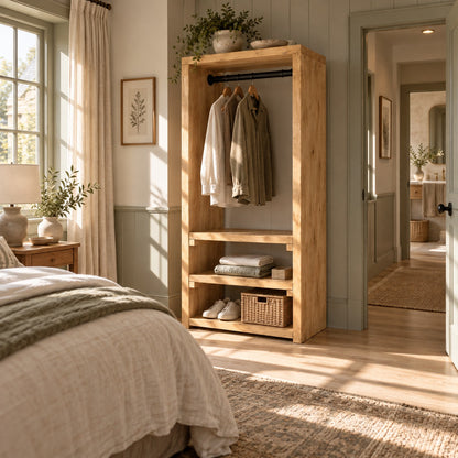 WINSLOW Light Oak Colour Solid Wood Wardrobe – Open Wardrobe, Rustic Scandinavian Design