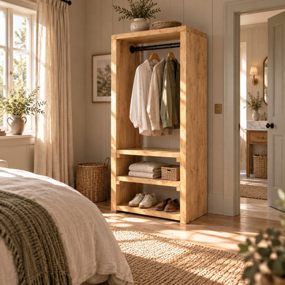 WINSLOW Light Oak Colour Solid Wood Wardrobe – Open Wardrobe, Rustic Scandinavian Design