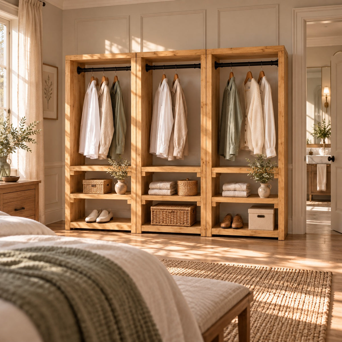 WINSLOW Light Oak Colour Solid Wood Wardrobe – Open Wardrobe, Rustic Scandinavian Design