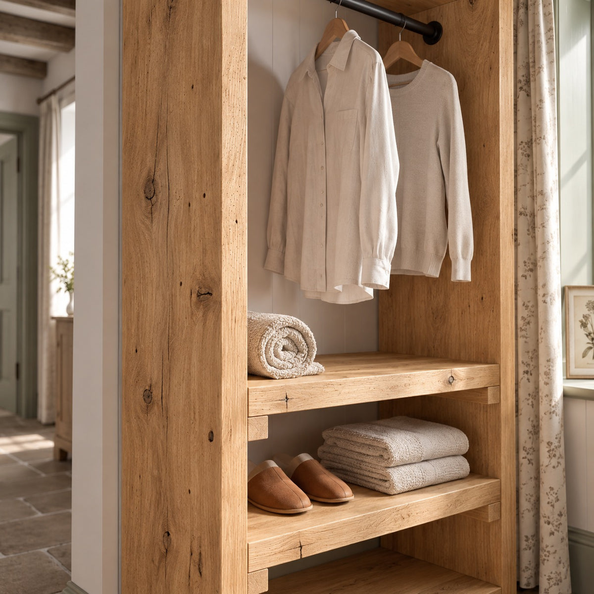 WINSLOW Light Oak Colour Solid Wood Wardrobe – Open Wardrobe, Rustic Scandinavian Design