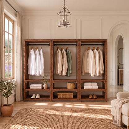 WINSLOW Walnut Colour Solid Wood Wardrobe – Open Wardrobe, Rustic Scandinavian Design