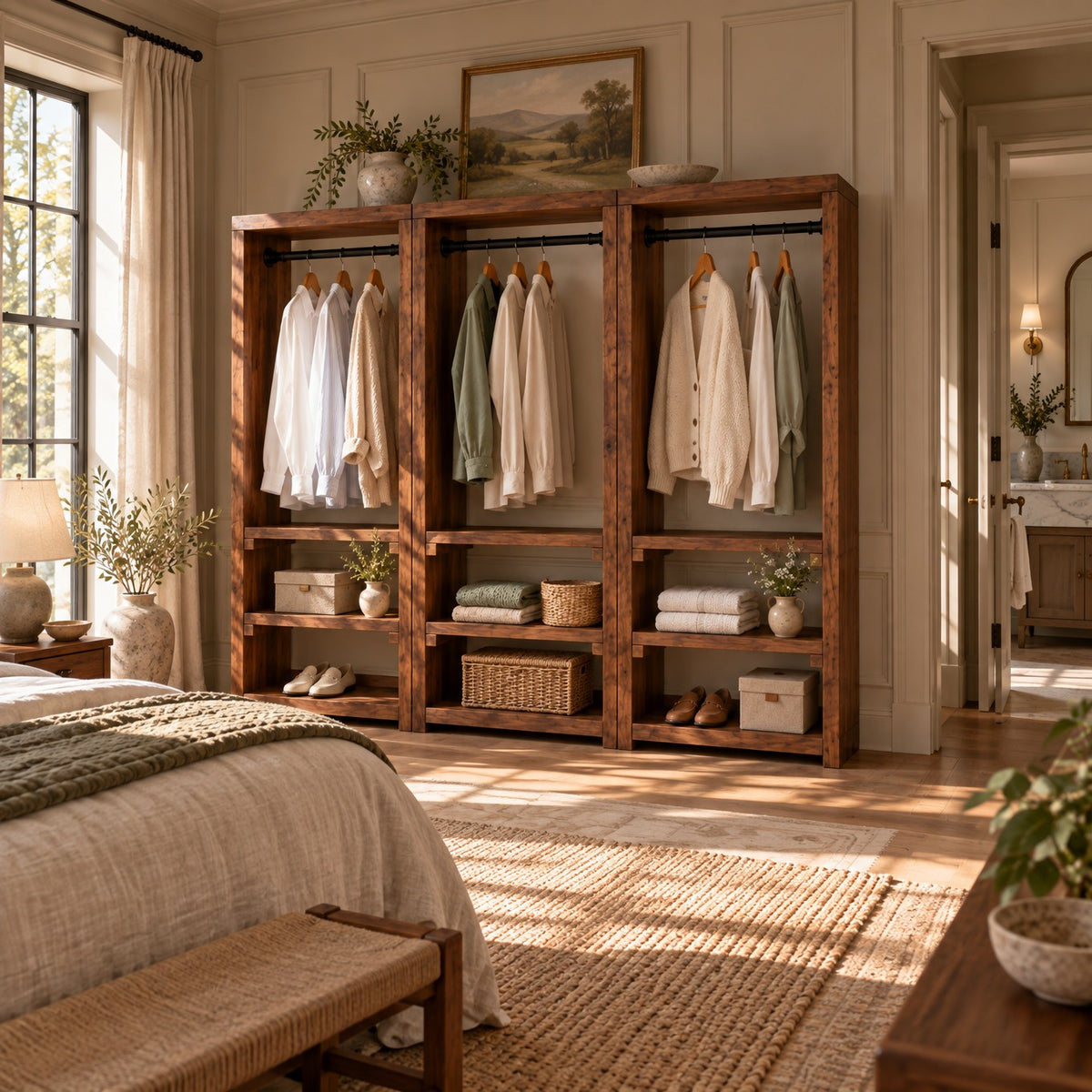 WINSLOW Walnut Colour Solid Wood Wardrobe – Open Wardrobe, Rustic Scandinavian Design