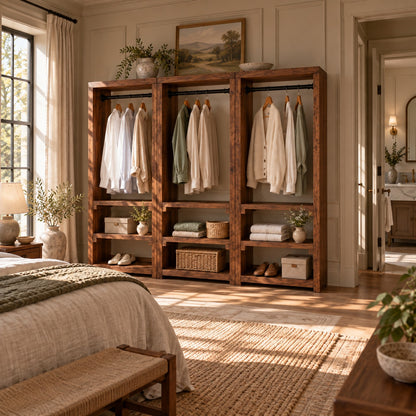 WINSLOW Walnut Colour Solid Wood Wardrobe – Open Wardrobe, Rustic Scandinavian Design