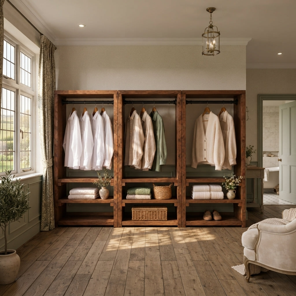 WINSLOW Walnut Colour Solid Wood Wardrobe – Open Wardrobe, Rustic Scandinavian Design