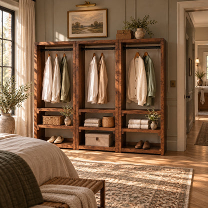WINSLOW Walnut Colour Solid Wood Wardrobe – Open Wardrobe, Rustic Scandinavian Design