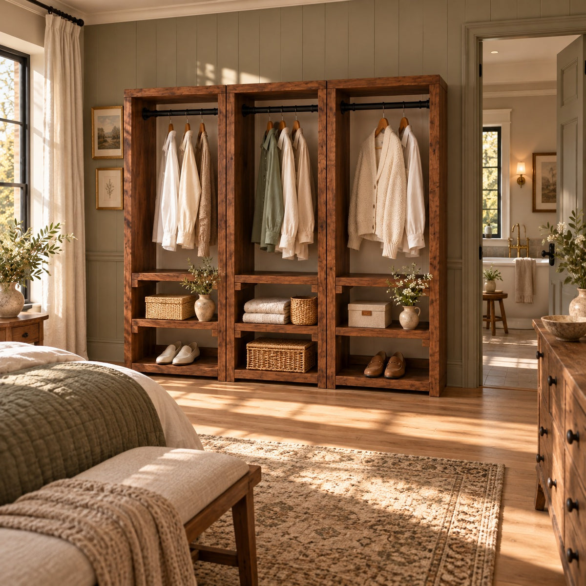 WINSLOW Walnut Colour Solid Wood Wardrobe – Open Wardrobe, Rustic Scandinavian Design