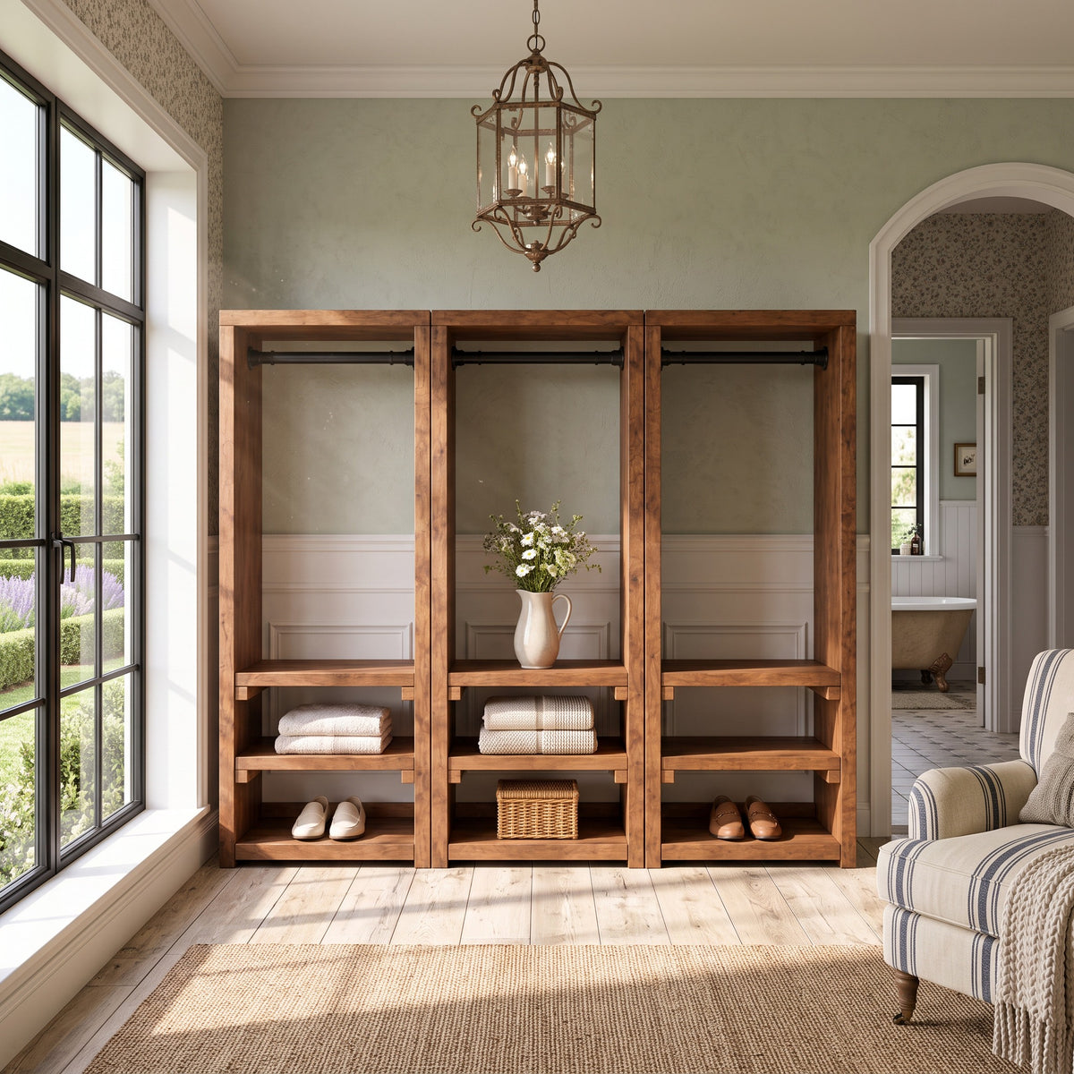 WINSLOW Walnut Colour Solid Wood Wardrobe – Open Wardrobe, Rustic Scandinavian Design