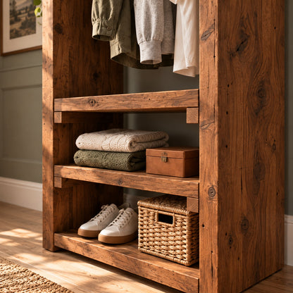 WINSLOW Walnut Colour Solid Wood Wardrobe – Open Wardrobe, Rustic Scandinavian Design