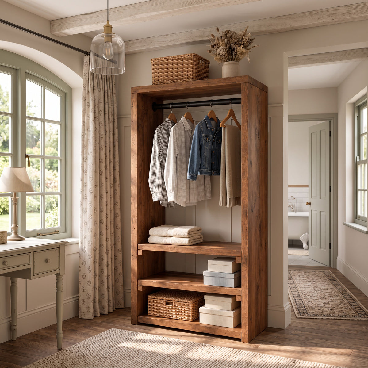 WINSLOW Walnut Colour Solid Wood Wardrobe – Open Wardrobe, Rustic Scandinavian Design