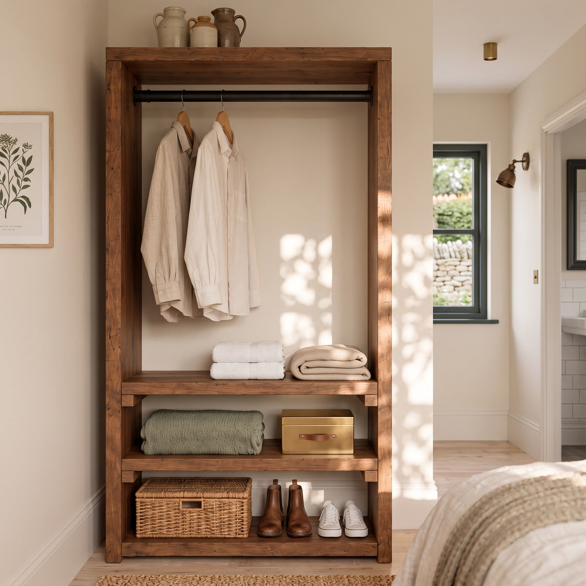 WINSLOW Walnut Colour Solid Wood Wardrobe – Open Wardrobe, Rustic Scandinavian Design