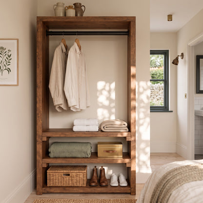 WINSLOW Walnut Colour Solid Wood Wardrobe – Open Wardrobe, Rustic Scandinavian Design