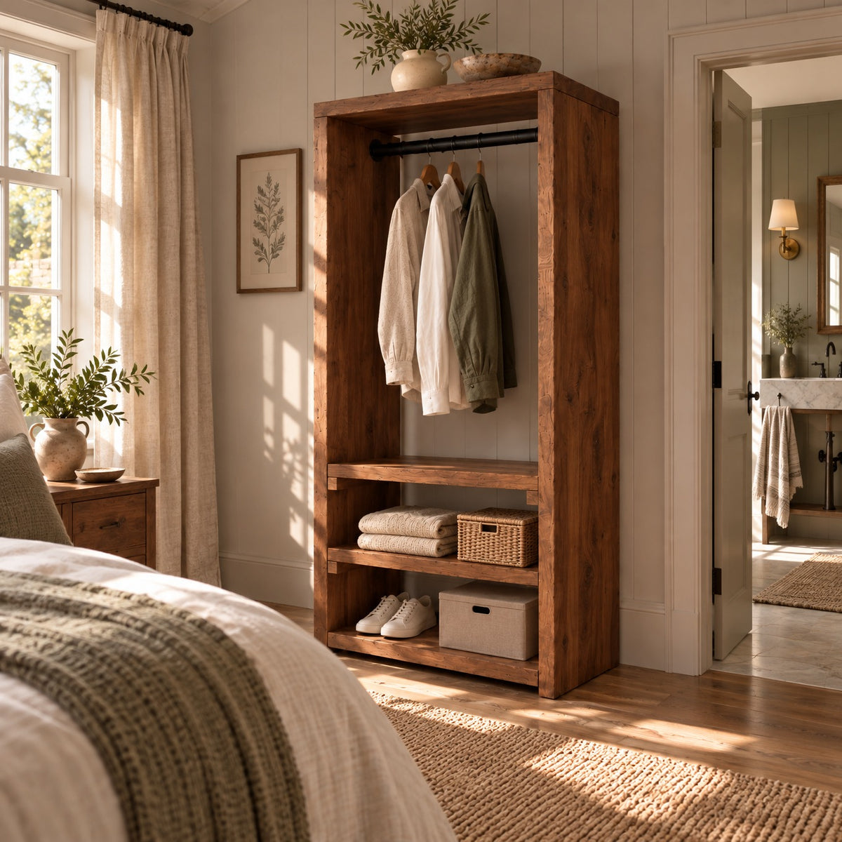 WINSLOW Walnut Colour Solid Wood Wardrobe – Open Wardrobe, Rustic Scandinavian Design