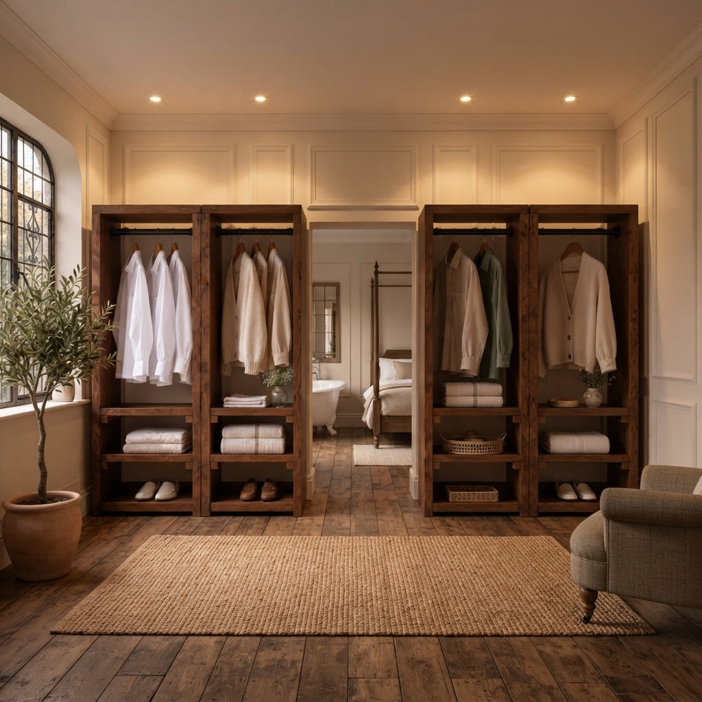 WINSLOW Walnut Colour Solid Wood Wardrobe – Open Wardrobe, Rustic Scandinavian Design