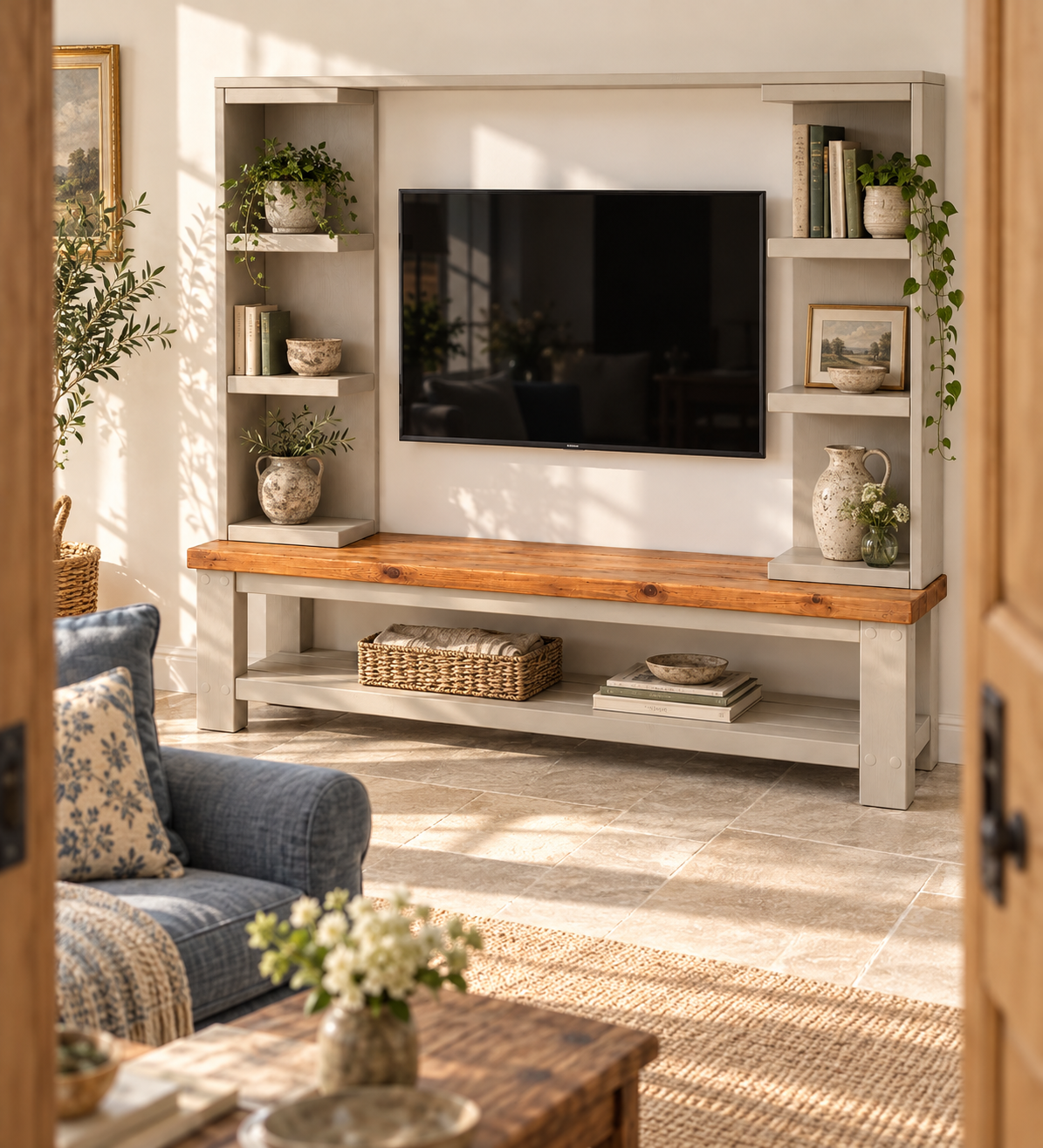 Wrenford Cashmere Media Wall Unit with TV Stand & Shelving Solid Wood