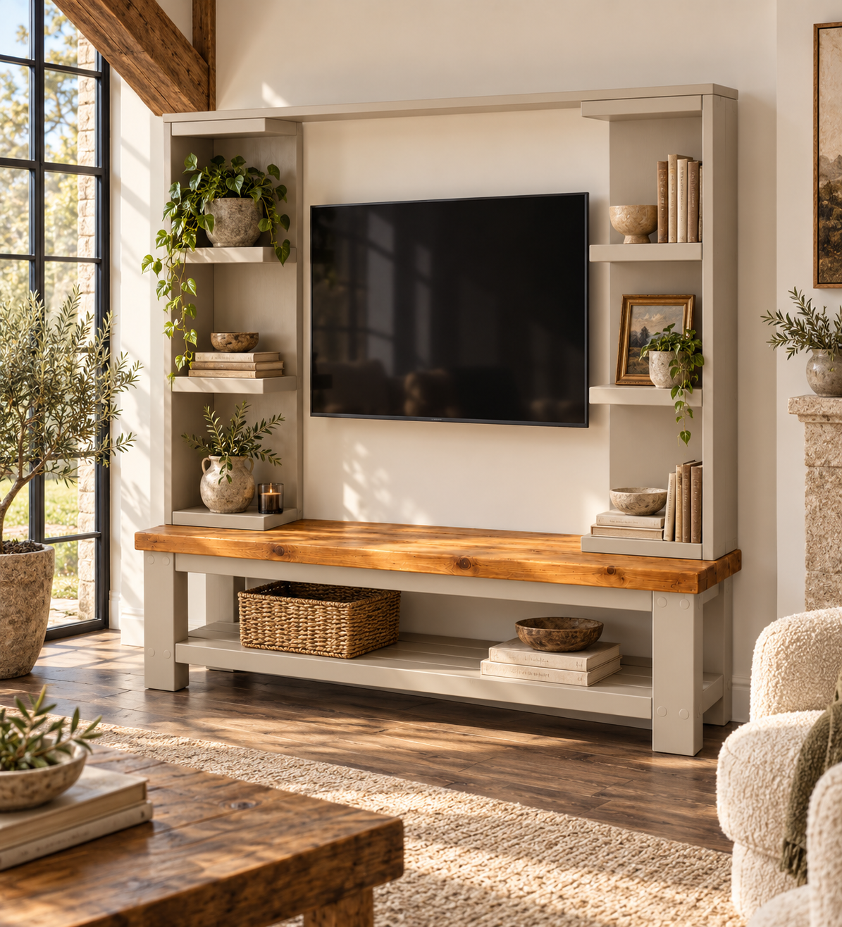 Wrenford Cashmere Media Wall Unit with TV Stand & Shelving Solid Wood
