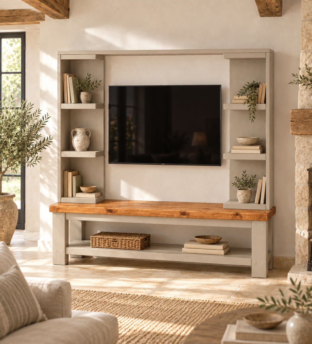 Wrenford Cashmere Media Wall Unit with TV Stand & Shelving Solid Wood