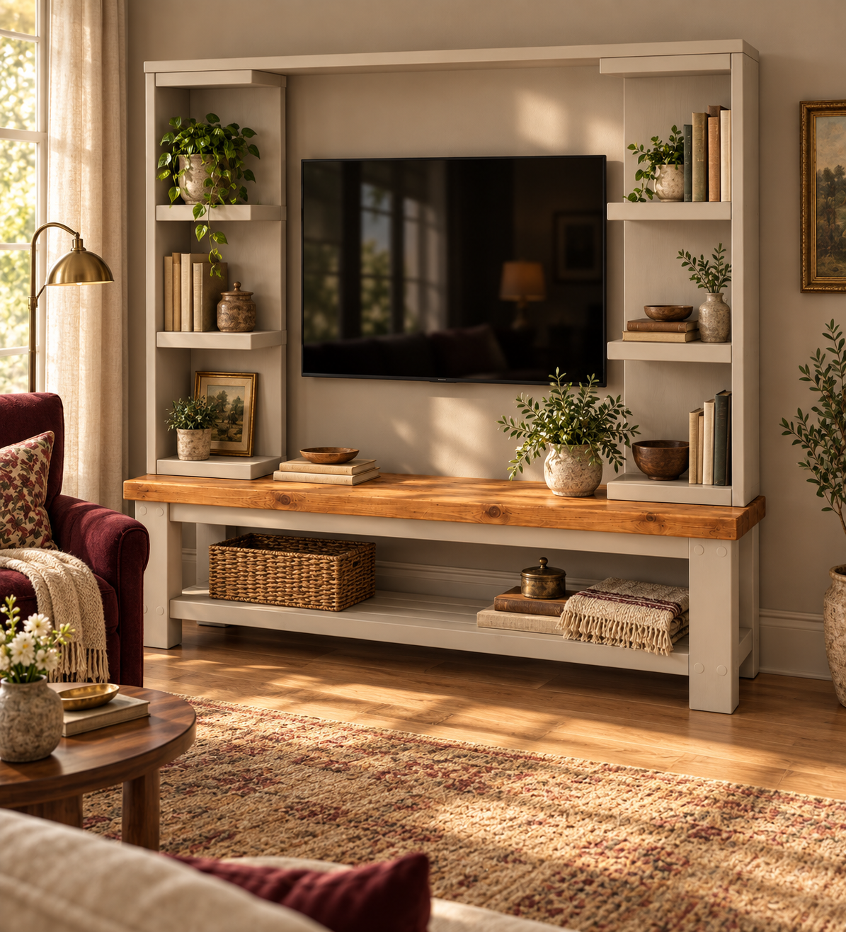 Wrenford Cashmere Media Wall Unit with TV Stand & Shelving Solid Wood