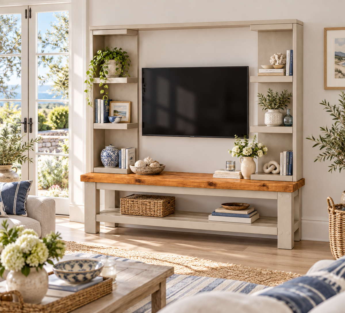 Wrenford Cashmere Media Wall Unit with TV Stand & Shelving Solid Wood
