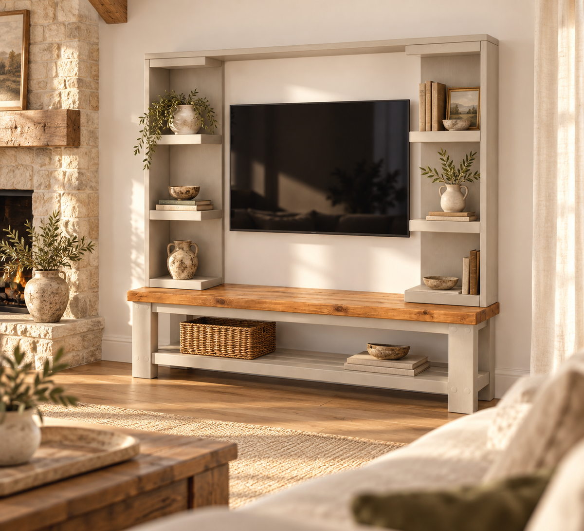 Wrenford Cashmere Media Wall Unit with TV Stand & Shelving Solid Wood
