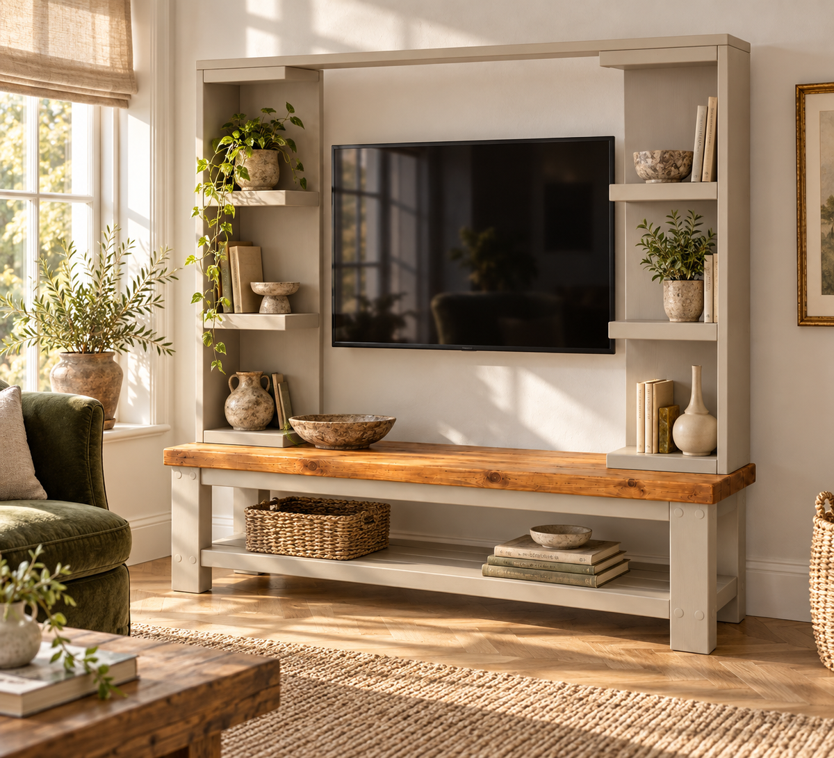 Wrenford Cashmere Media Wall Unit with TV Stand & Shelving Solid Wood