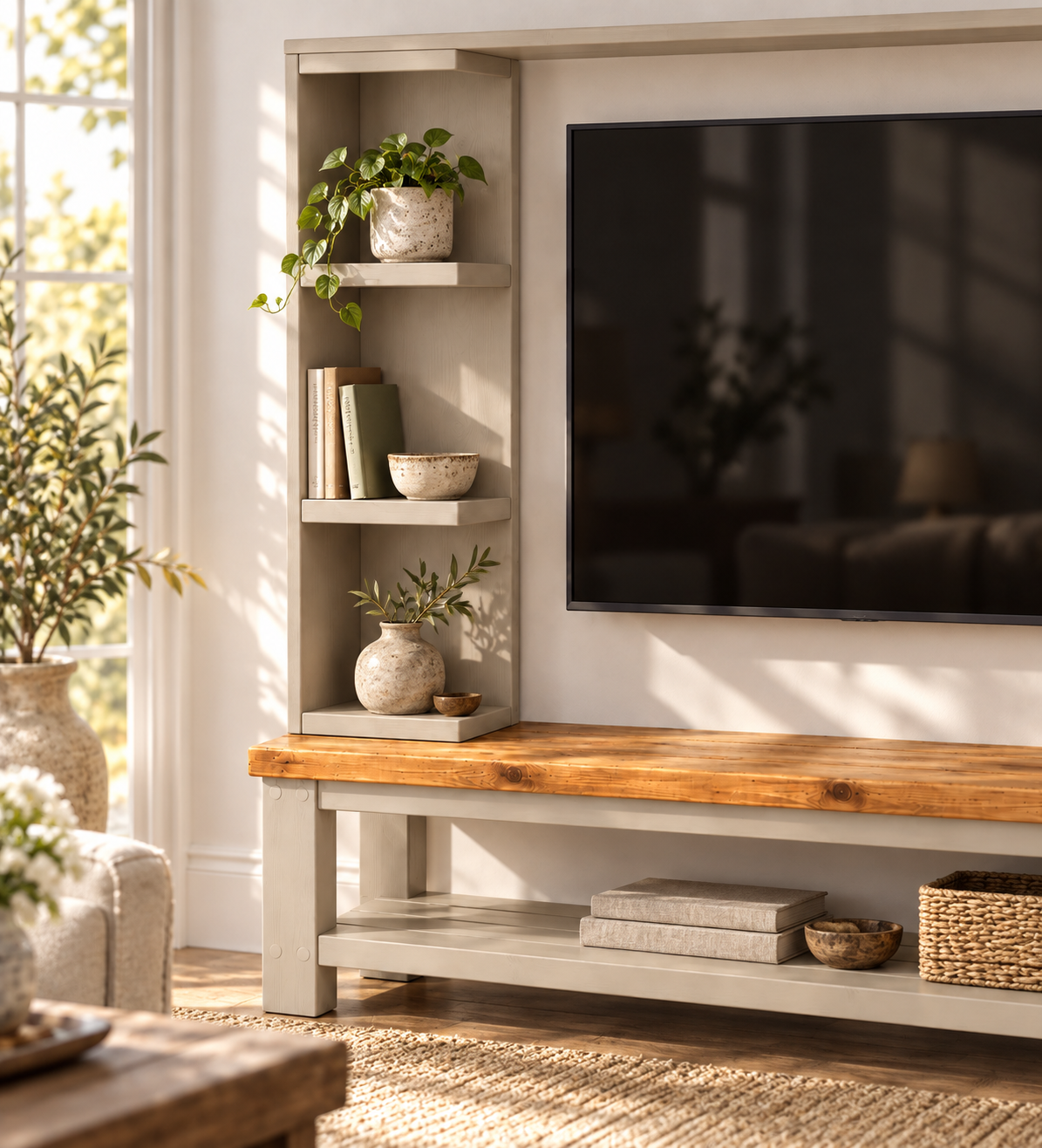 Wrenford Cashmere Media Wall Unit with TV Stand & Shelving Solid Wood