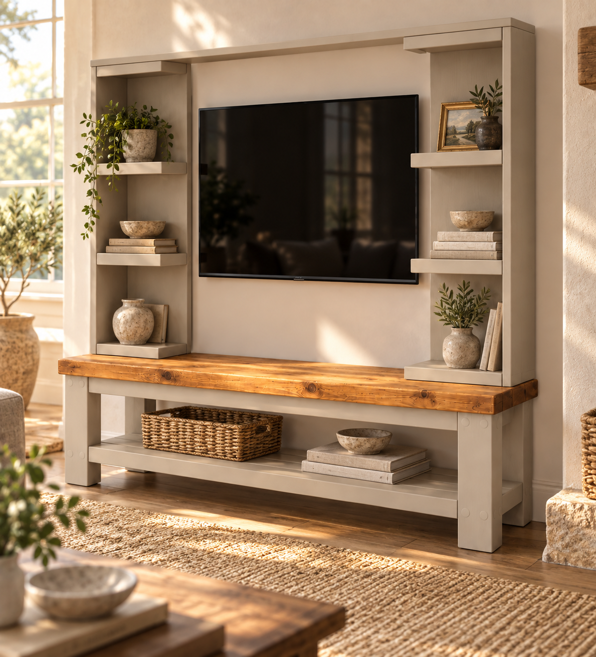 Wrenford Cashmere Media Wall Unit with TV Stand & Shelving Solid Wood