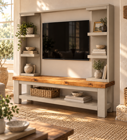 Wrenford Cashmere Media Wall Unit with TV Stand & Shelving Solid Wood