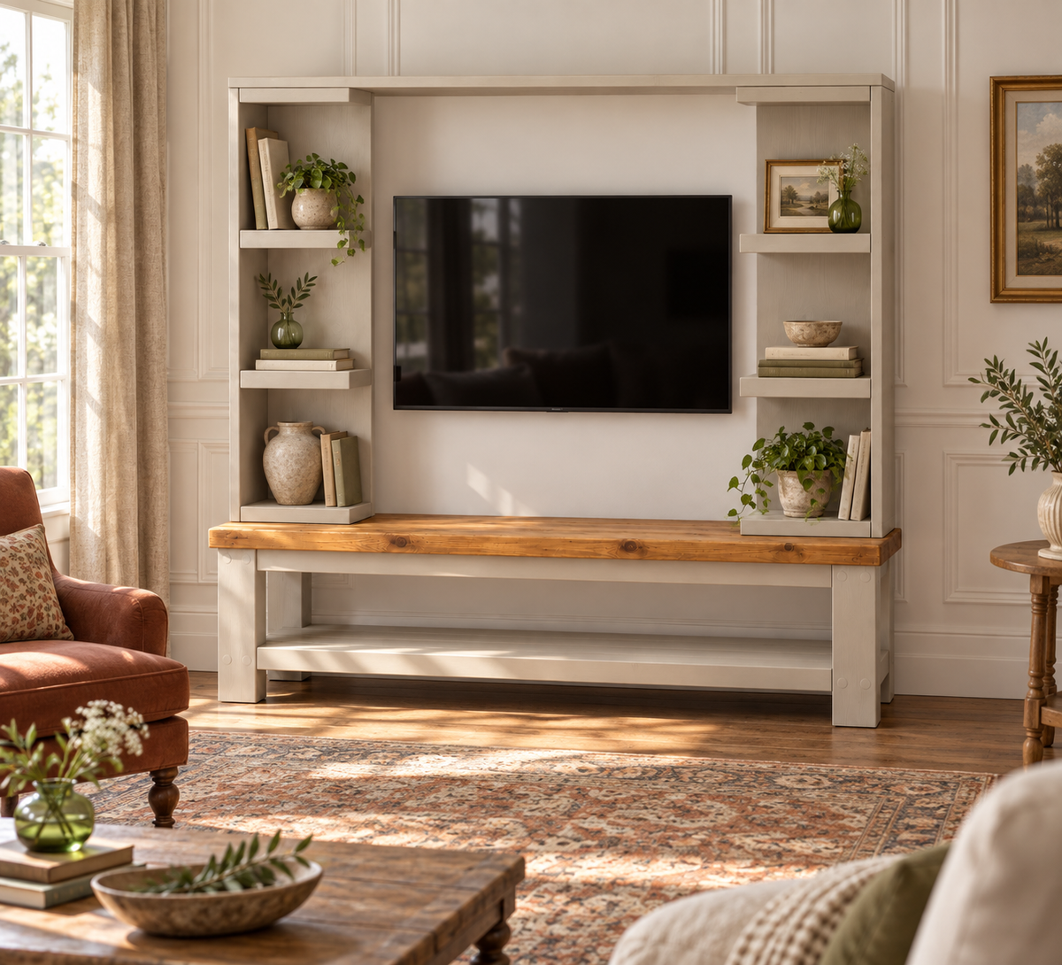 Wrenford Cashmere Media Wall Unit with TV Stand & Shelving Solid Wood