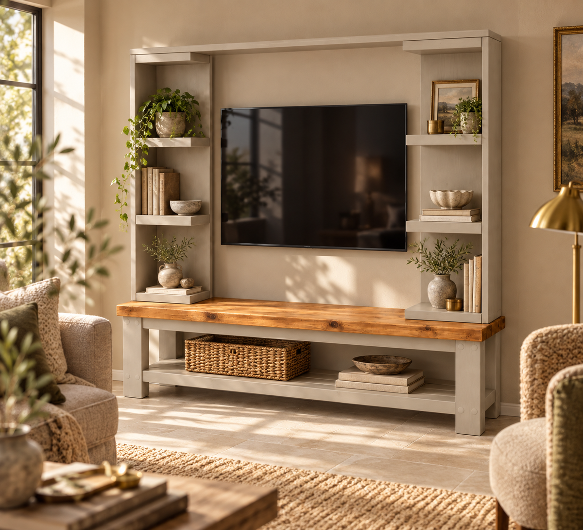 Wrenford Cashmere Media Wall Unit with TV Stand & Shelving Solid Wood