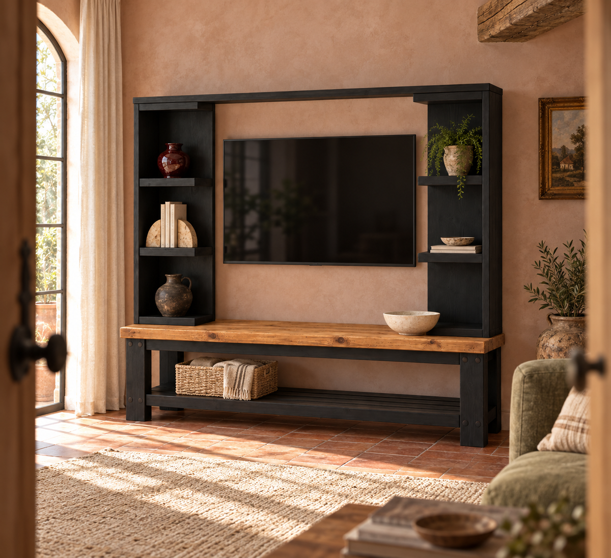 Wrenford Black Media Wall Unit with TV Stand & Shelving Solid Wood