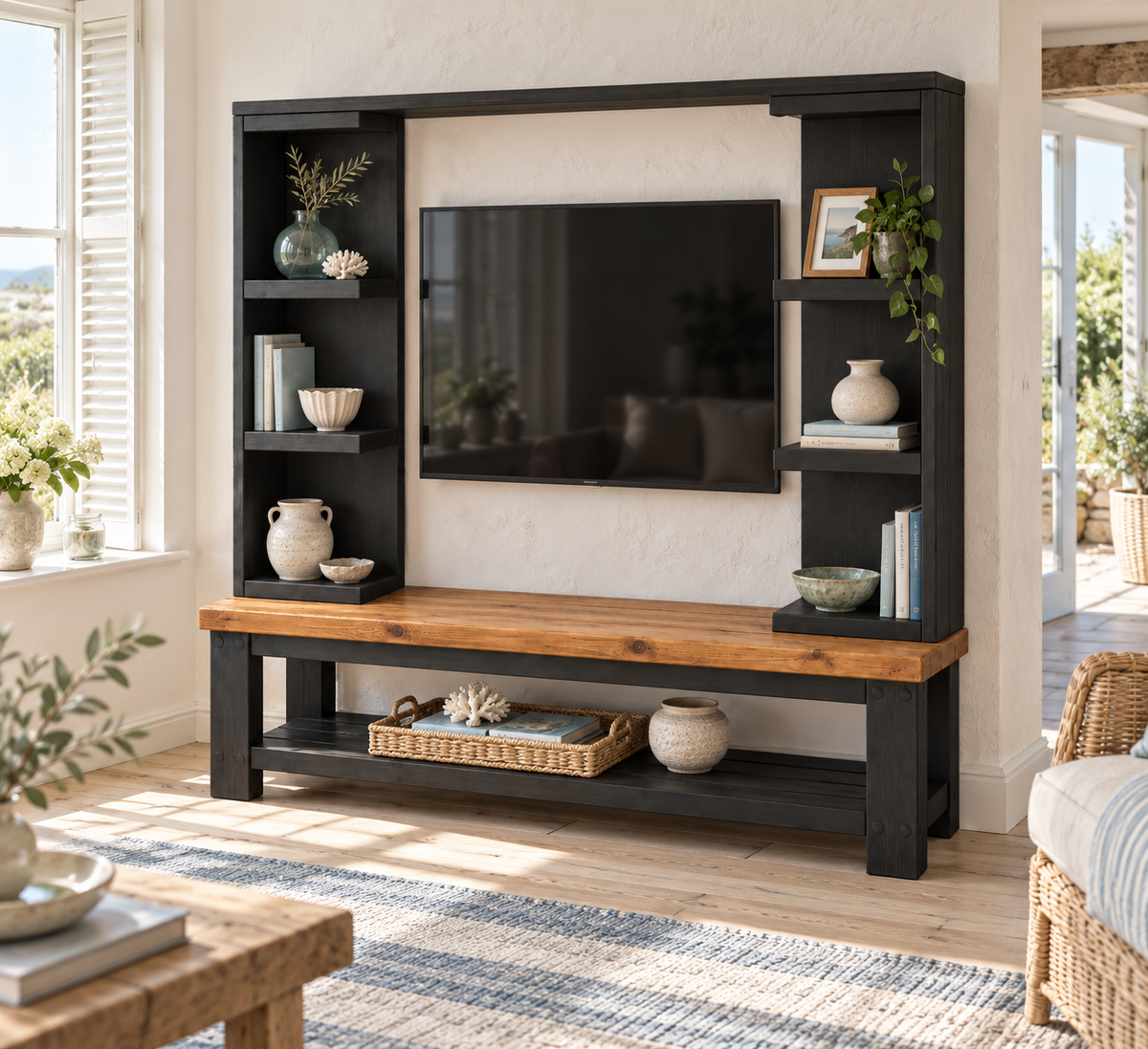 Wrenford Black Media Wall Unit with TV Stand & Shelving Solid Wood